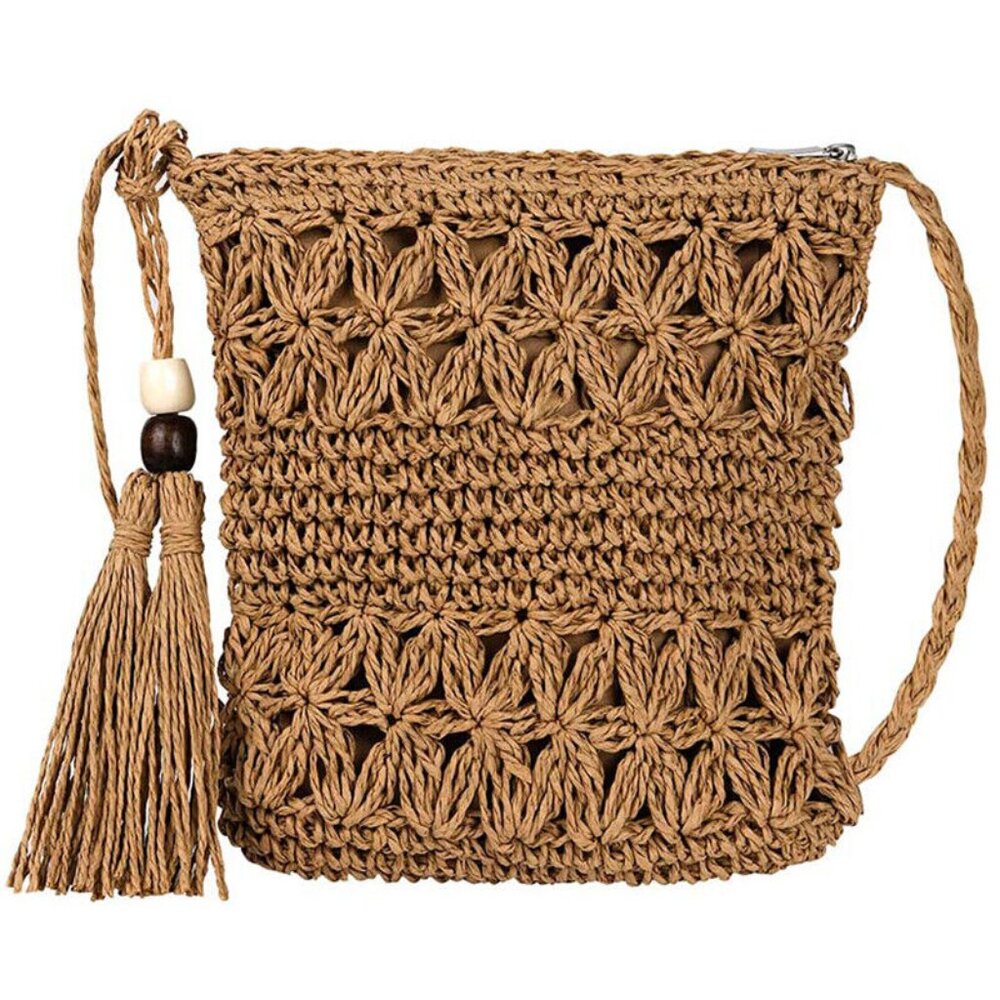 Beach Please Weaving Rattan Shoulder Bag Straw Tassel Beachy Crossbody, Beige